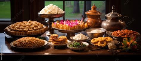 Traditional sweet food table from Sri Lanka, featuring items like Murukku, Kokis, Kewum, Aluwa ...