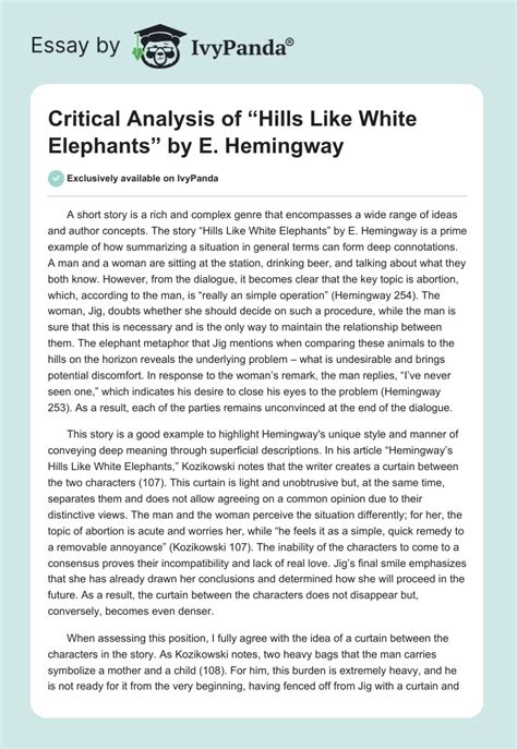 Critical Analysis of "Hills Like White Elephants" by E. Hemingway - 701 Words | Research Paper ...