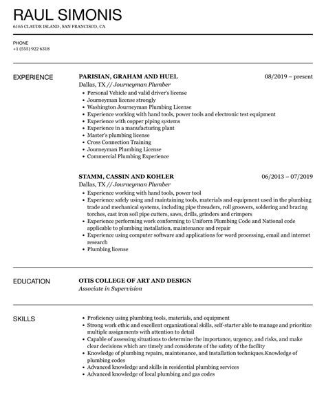 Journeyman Plumber Resume Samples | Velvet Jobs