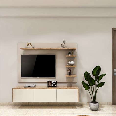 Compact TV Unit Minimalist Interior Design With Wood And White Storage | Livspace