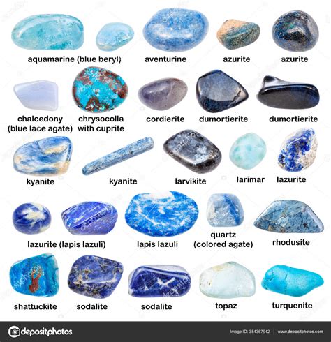 Set Various Blue Gemstones Names Chrysocolla Kyanite Topaz Turquenite Aventurine Stock Photo by ...