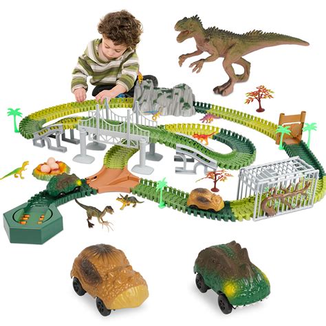 iYofe Dinosaur Race Car Track Toys, Dinosaur Toys Track Train Set with ...