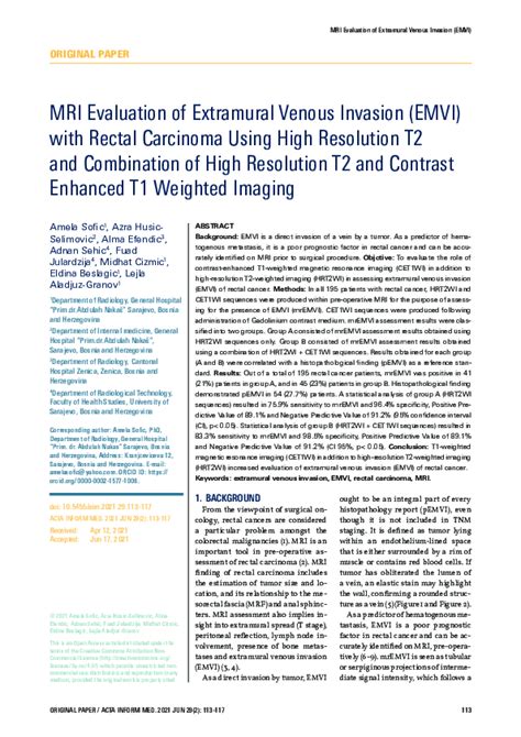 (PDF) MRI Evaluation of Extramural Venous Invasion (EMVI) with Rectal ...