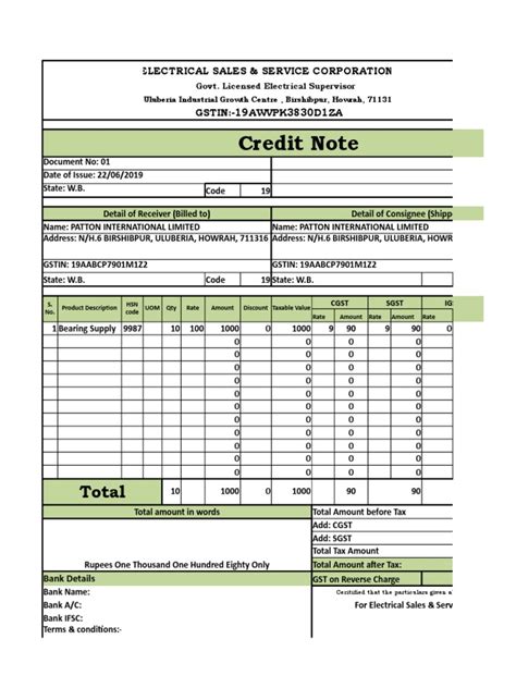 GST Credit Note Format in Excel | Taxation | Payments