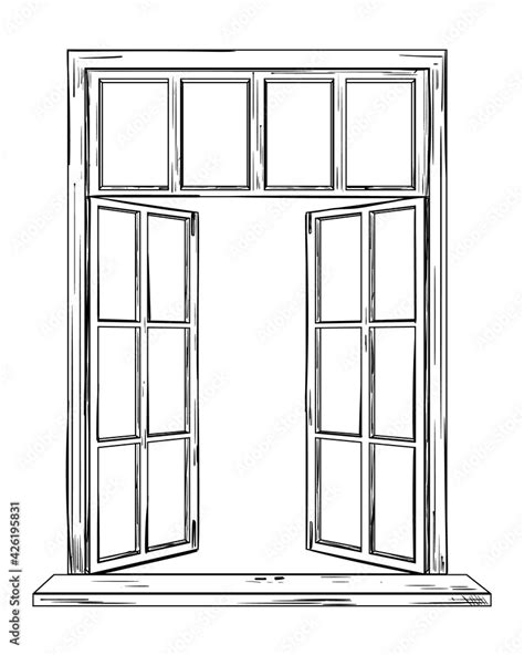 Vector drawing of an open window, isolated object in sketch style. Open home window to the ...