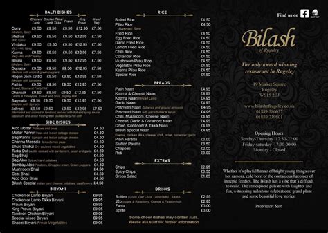 The Bilash Rugeley's full menu online