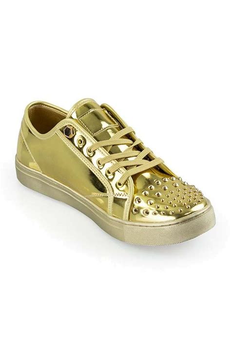 Gold Metallic Sneakers with Studs | Metallic sneakers, Round toe shoes, Sneakers