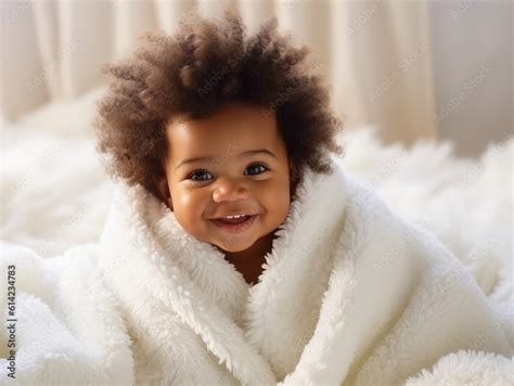 a very cute little black african baby kid with afro hair wrapped in soft white blanket on a bed ...