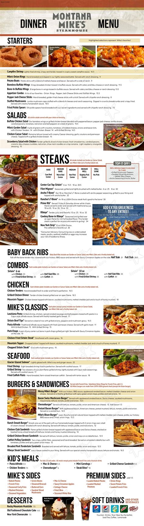 Menu at Montana Mike's steakhouse, New Braunfels