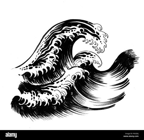 Big waves. Ink black and white Japanese styled drawing Stock Photo - Alamy