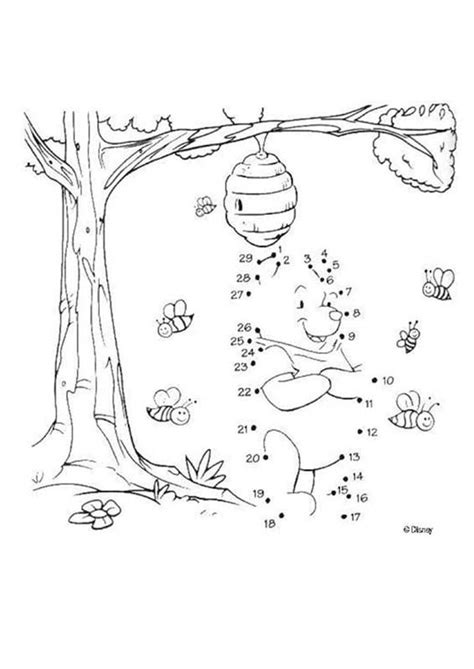 Dot to dot: Winnie the Pooh with the bees printable connect the dots game Bee Coloring Pages ...