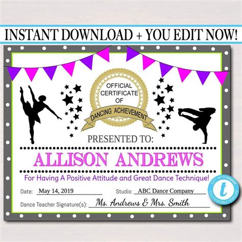 Dancer Certificate , Dancing Award, Dancer Printable, Participation Award, Sports Certificate ...