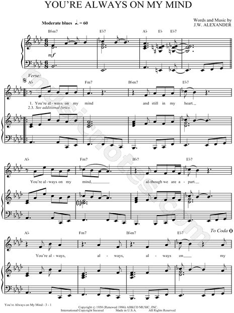 Sam Cooke "You're Always on My Mind" Sheet Music in Ab Major - Download ...