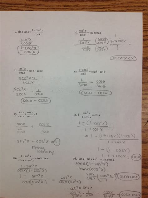 5.2 Verifying Trigonometric Identities Worksheet Answers