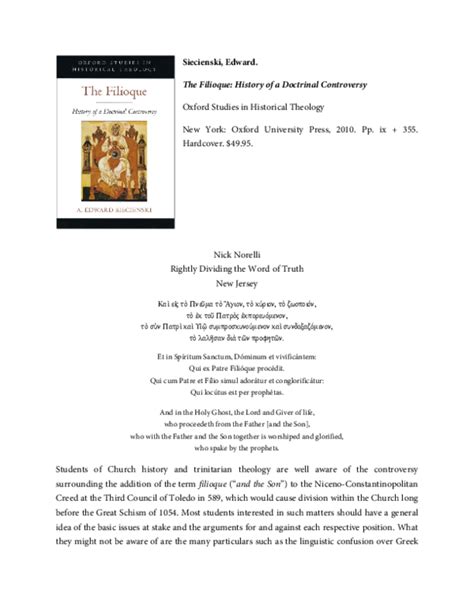 (PDF) Siecienski, Edward. The Filioque: History of a Doctrinal Controversy. Oxford Studies in ...