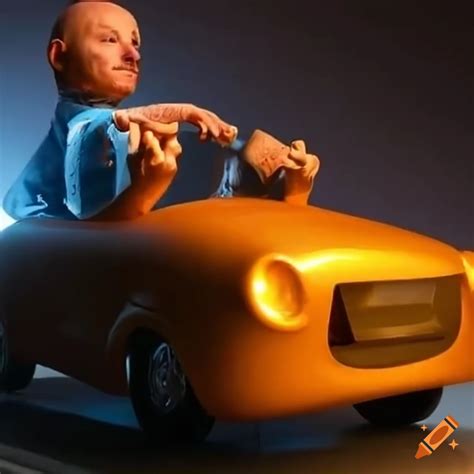 Bald man driving a cheese car on Craiyon
