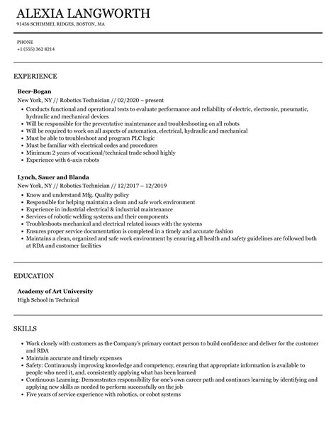 Robotics Technician Resume Samples | Velvet Jobs