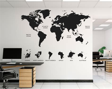 Office World Map Continents Map Wall Decal Map Wall | Etsy