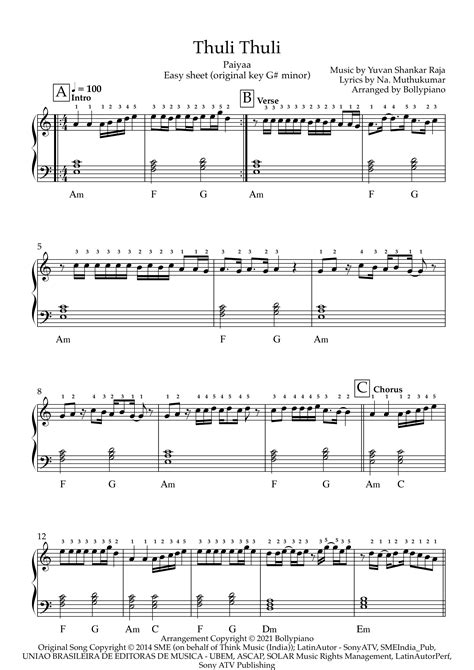 Thuli Thuli Easy Piano Notes | Paiyaa | Solo Sheet Music PDF