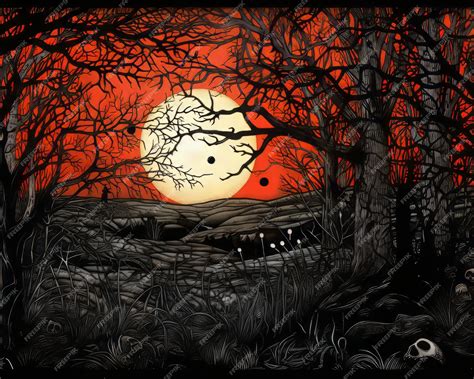 Premium AI Image | a black and red painting of a forest with trees and ...