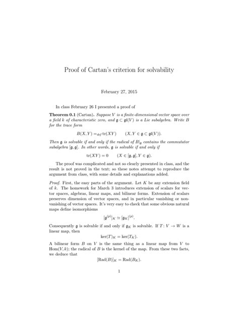 Proof of Cartan’s criterion for solvability February 27, 2015