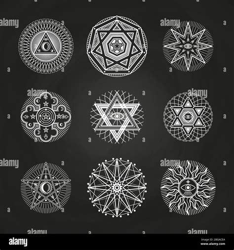 White mystery, occult, alchemy, mystical esoteric symbols on blackboard. Illustration of ...