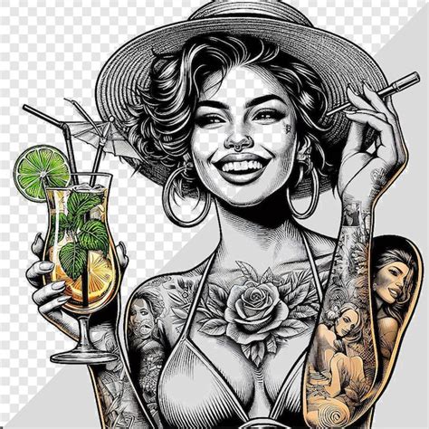 Premium PSD | Tattooed Beauty with a mojito cocktail smiling lazy at the pool vector art ...