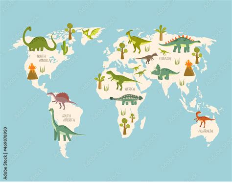 Print. World map with dinosaurs. Dino world map. Cartoon dinosaurs. Stock Vector | Adobe Stock