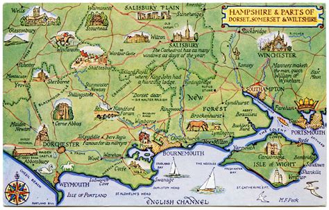 Postcard map of Hampshire and parts of Dorset, Somerset, and Wiltshire | Dorset map, Postcard, Map