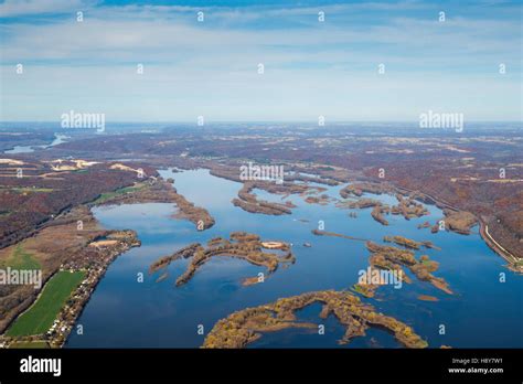 Aerial photograph of the Upper Mississippi River Wildlife Refuge north of Guttenberg, Iowa with ...