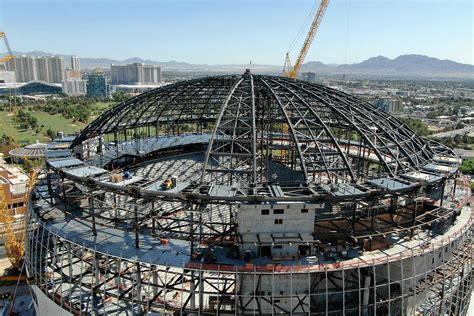 An aerial photo of the MSG Sphere at the Venetian as the structure begins to take shape with th