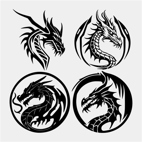 vector illustration, set of round tribal dragon tattoo designs, black ...