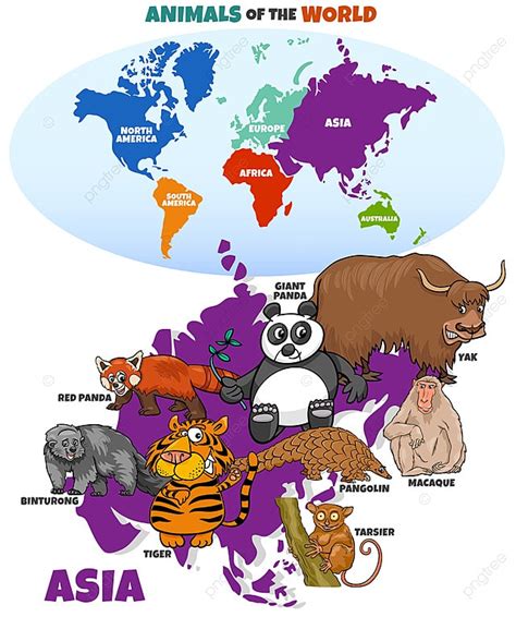 Educational Cartoon Illustration Of Asian Animals And World Map With Continents Template ...