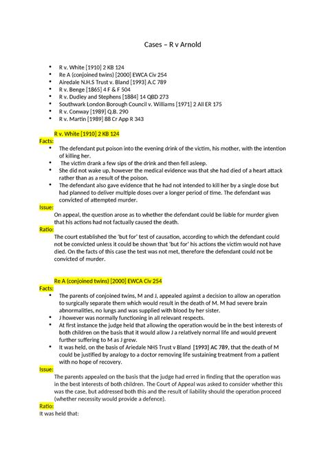 Cases - R v Arnold - Summary Mooting competitions - Cases – R v Arnold R v. White [1910] 2 KB ...