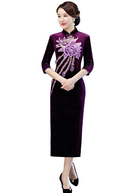 Shanghai Story Chinese Oriental Dress Purple Velvet Qipao dress Chinese traditional dress 3/4 ...