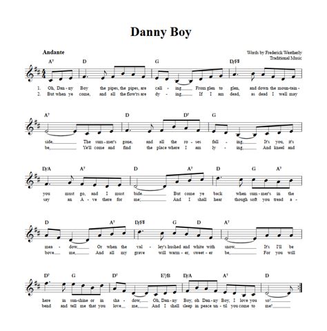 Danny Boy C Instrument Sheet Music (Lead Sheet) with Chords and Lyrics