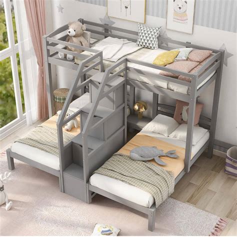 Harper & Bright Designs Gray Twin over Twin and Twin Bunk Bed with ...