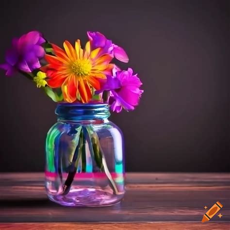 Vibrant flowers in colored glass jar on black wood table on Craiyon