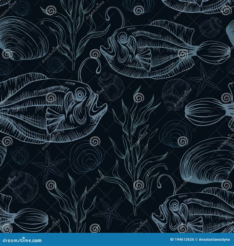 Seamless Vector Pattern with Anglerfish, Seaweed and Shells Stock Vector - Illustration of ...