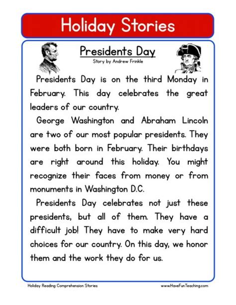 Reading Comprehension Worksheet - Presidents Day