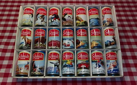 Schmidt beer cans, complete 21 wildlife can set crimped, blue back, bo ...