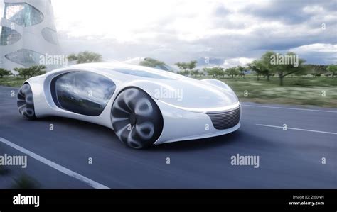 Futuristic electric car very fast driving on highway. Futuristic city concept. 3d rendering ...