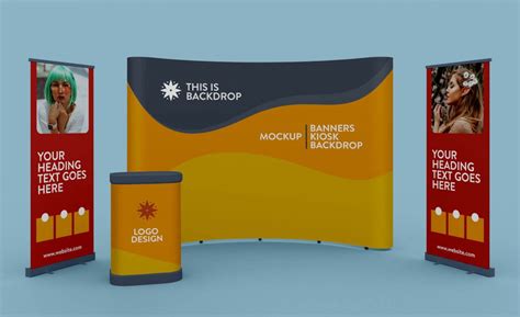 Free Exhibition Standing Banner, Kiosk & Backdrop Mockup PSD - Designbolts