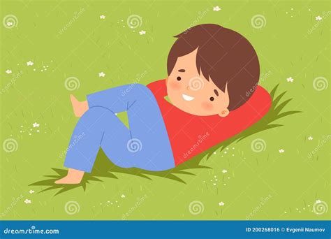 Cute Boy Lying Down on Green Lawn, Kid Lying on Grass Dreamily Looking into Sky Cartoon Vector ...