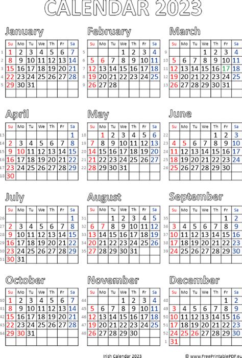 Calendar 2023 Ireland printable pdf | Free Printable PDF