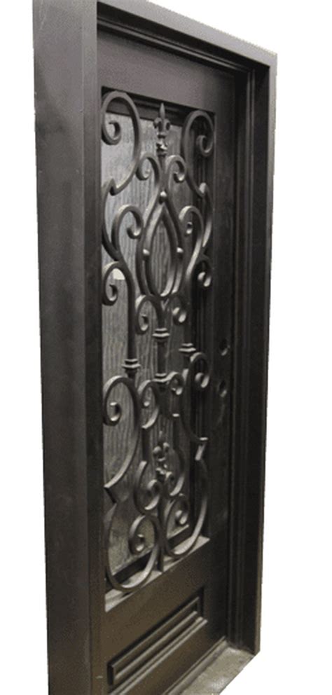 an iron door with decorative designs on the front and side panels, which are black