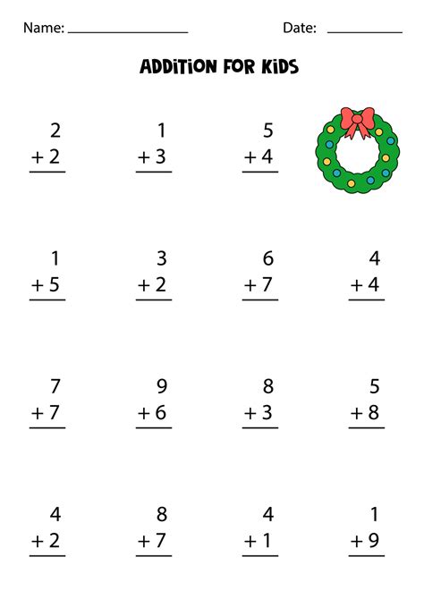 Addition worksheet with cartoon wreath. Math game. 4582577 Vector Art ...