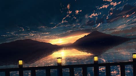 Anime Sunset Reflections: HD Wallpaper by 画师JW