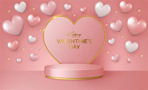 Happy Valentine's Day 3d scene with pink and gold podium platform, heart and confetti. 19975767 ...