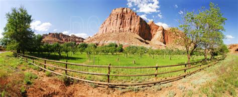 Panorama photo of Fruita Orchards and Rocks by Photo Stock Source - landforms, Fruita, Utah, USA ...